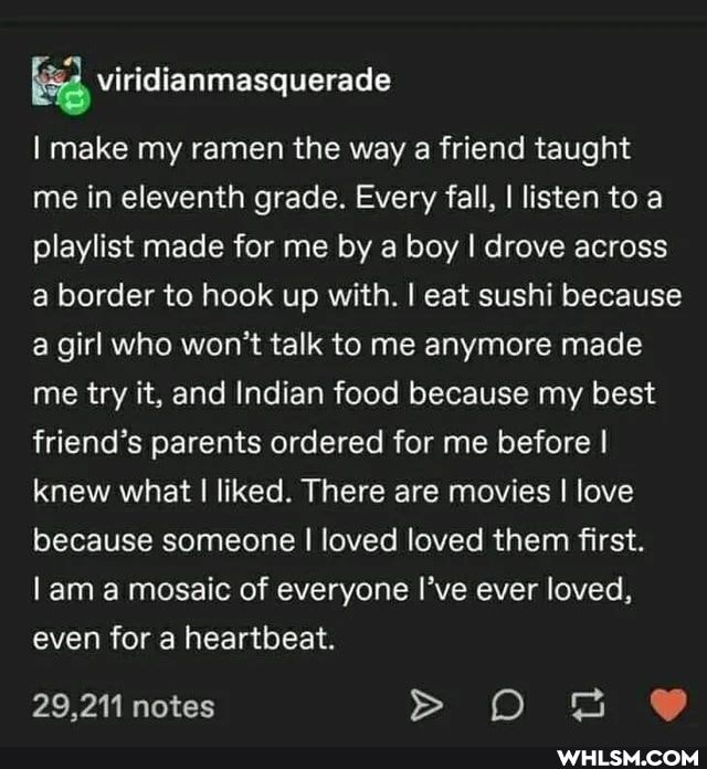 viridianmasquerade
make my ramen the way a friend taught me in eleventh grade. Every fall, I listen to a playlist made for me by a boy I drove across a border to hook up with. I eat sushi because a girl who won't talk to me anymore made me try it, and Indian food because my best friend's parents ordered for me before I knew what I liked. There are movies I love because someone I loved loved them first.
am mosaic of everyone I've ever loved, even for a heartbeat.
29,211 notes OO OO