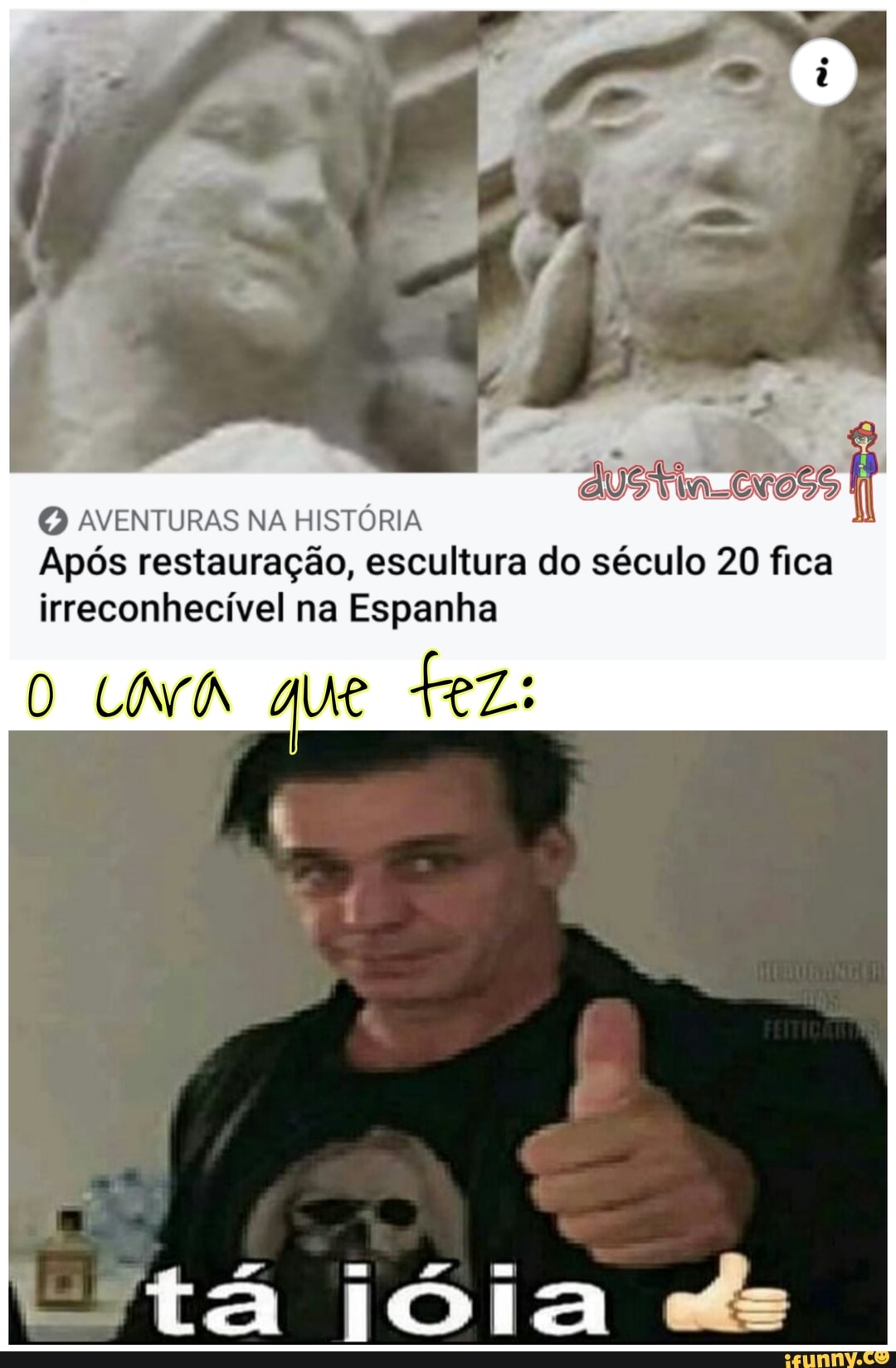 dedes
O AVENTURAS NA HISTORIA
Após restauração, escultura do século 20 fica irreconhecível na Espanha
O que fez:
