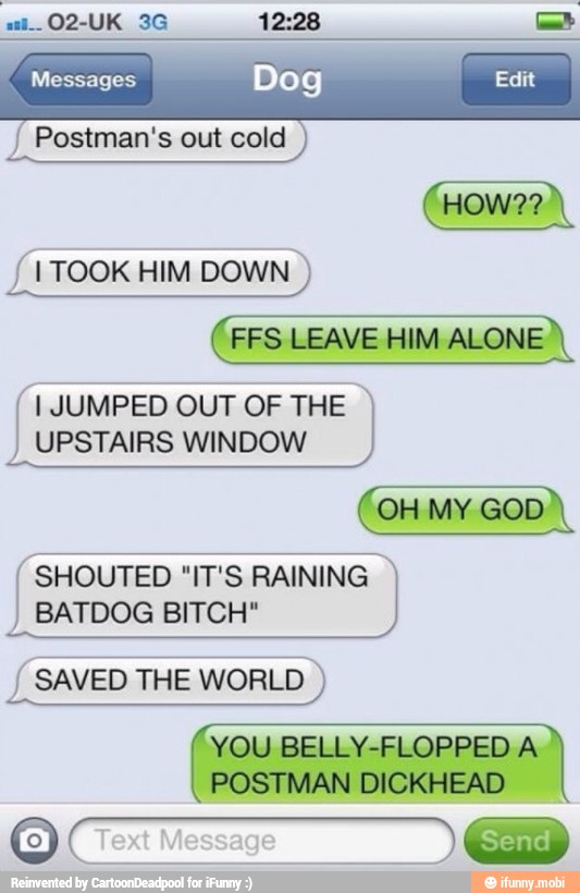 Messages
I Dog Edit Postman's out cold
{1 TOOK HIM DOWN
I JUMPED OUT OF THE
UPSTAIRS WINDOW
SHOUTED "IT'S RAINING
BATDOG BITCH" SAVED THE WORLD