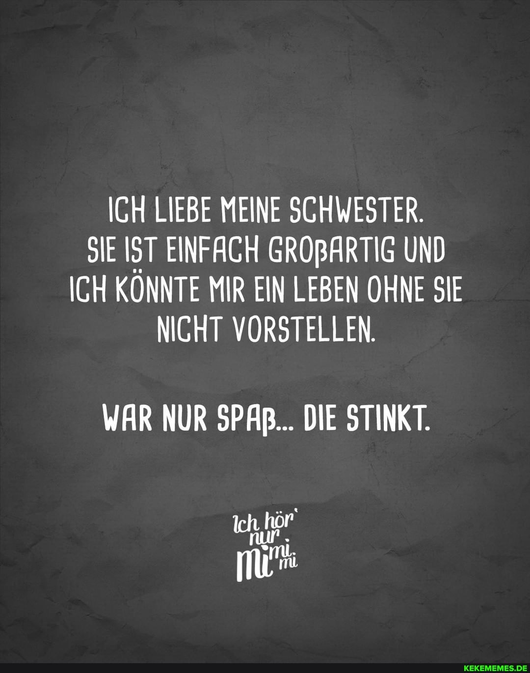 ICH LIEBE MEINE SCHWESTER.
SIE IST EINFACH GROBARTIG UND ICH KONNTE MIR EIN LEBEN OHNE SIE NICHT VORSTELLEN.
WAR NUR SPAB... DIE STINKT.
nur