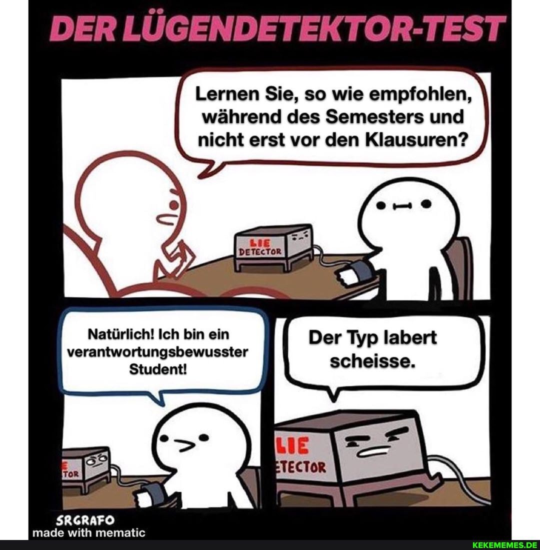 DER LÜGENDETEKTOR-TEST
Lernen Sie, so wie empfohlen, während des Semesters und nicht erst vor den Klausuren?
Natürlich! Ich bin ein Der Typ labert verantwortungsbewusster
Student! scheisse.
SRGRAFO