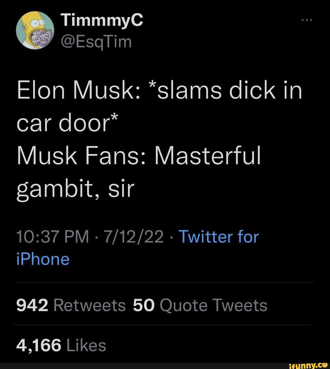 TimmmyC @EsqTim Elon Musk: *slams dick in car door Musk Fans: Masterful ...