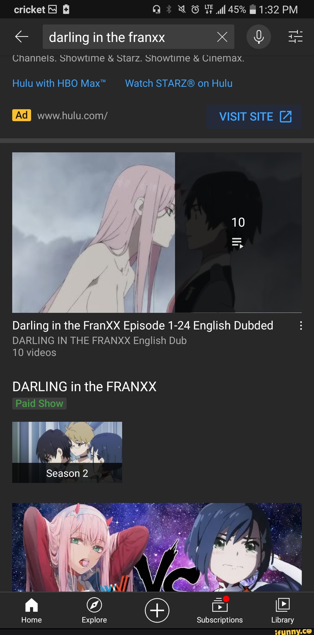 Cricket 45% PM darling in the franxx Channels. showtime starz