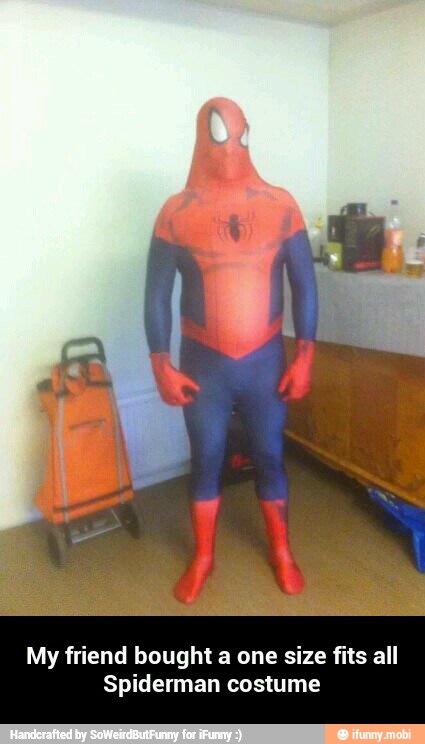 My friend bought a one size fits all
Spiderman costume - My friend bought a one size fits all Spiderman costume
