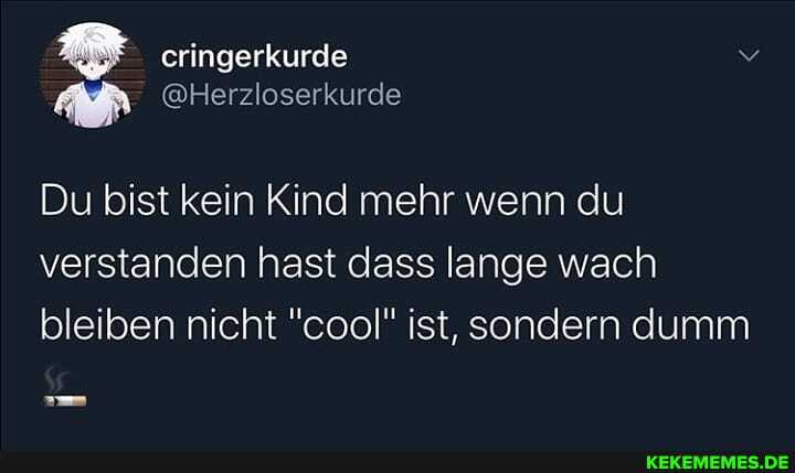 cringerkurde
Du bist kein Kind mehr wenn du verstanden hast dass lange wach bleiben nicht "cool" ist, sondern dumm