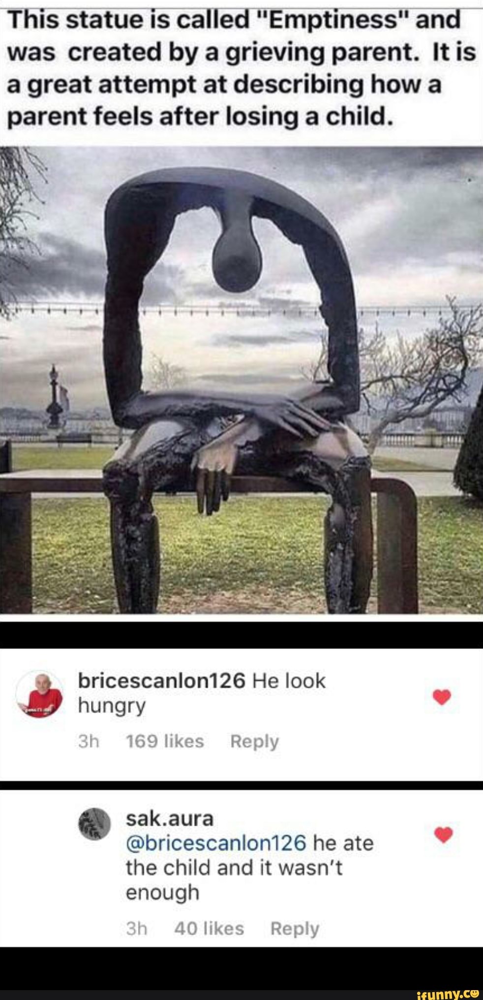 This statue is called "Emptiness" and was created by a grieving parent