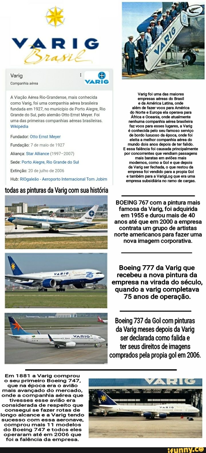 VARIG
Fá
Varig :
Companhia aérea VARIG Varig foi uma das maiores
A Viação Aérea Rio-Grandense, mais conhecida ampracas do como Varig, foi uma companhia aérea brasileira da América Latina, onde fundada em 1927, no município de Porto Alegre, Rio de para América
Grande do Sul, pelo alemão Otto Ernst Meyer. Foi uma das primeiras companhias aéreas brasileiras. nenhuma companhia aérea brasileira
Wikipédia faz voos para esses lugares, a Varig é conhecida pelo seu famoso serviço
Fungagor ye de bordo luxuoso da época, onde foi
Fundador: Otto Ermst Meyer horda da
Fundação: 7 de maio de 1927 mundo dois anos depois de ter falido. do
E essa falência foi causada principalmente
Aliança: Star Alliance (1997-2007) por concorrentes que vendiam passagens mais baratas em aviões mais
Sede: Porto Alegre, Rio Grande do Sul modernos, como a Gol e que depois da Varig ser fechada, o que restou da no remo de
Extinção: 20 de julho de 2006 empresa foi vendido para a propia Gol
Hub: RiOgaleão - Aeroporto Internacional Tom Jobim todas as pinturas da Varig com sua história
BOEING 767 com a pintura mais
famosa da Varig, foi adquirida em 1955 e durou mais de 40 anos até que em 2000 a empresa contrata um grupo de artistas norte americanos para fazer uma nova imagem corporativa.
Boeing 777 da Varig que recebeu a nova pintura da empresa na virada do século, quando a varig completava
75 anos de operação.
Boeing 737 da Gol com pinturas da Varig meses depois da Varig ser declarada como falida e ter seus direitos de imagens comprados pela propia gol em 2006.
Em 1881 a Varig comprou o seu primeiro Boeing 747, que na época era o avião mais avançado do mercado, onde a companhia aérea que tivesses esse avião era considerada de respeito que consegui se fazer rotas de longo alcance e a Varig tendo sucesso com essa aeronave, comprou mais 11 modelos do Boeing 747 e todos eles operaram até em 2006 que foi a falência da empresa.
