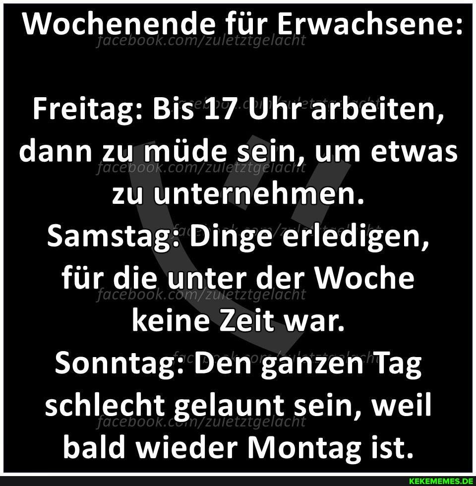 Wochenende für Erwachsene:
Freitag: Bis 17 Uhr arbeiten, dann zu müde sein, um etwas zu unternehmen.
Samstag: Dinge erledigen, für die unter der Woche keine Zeit war.
Sonntag: Den ganzen Tag schlecht gelaunt sein, weil bald wieder Montag ist.