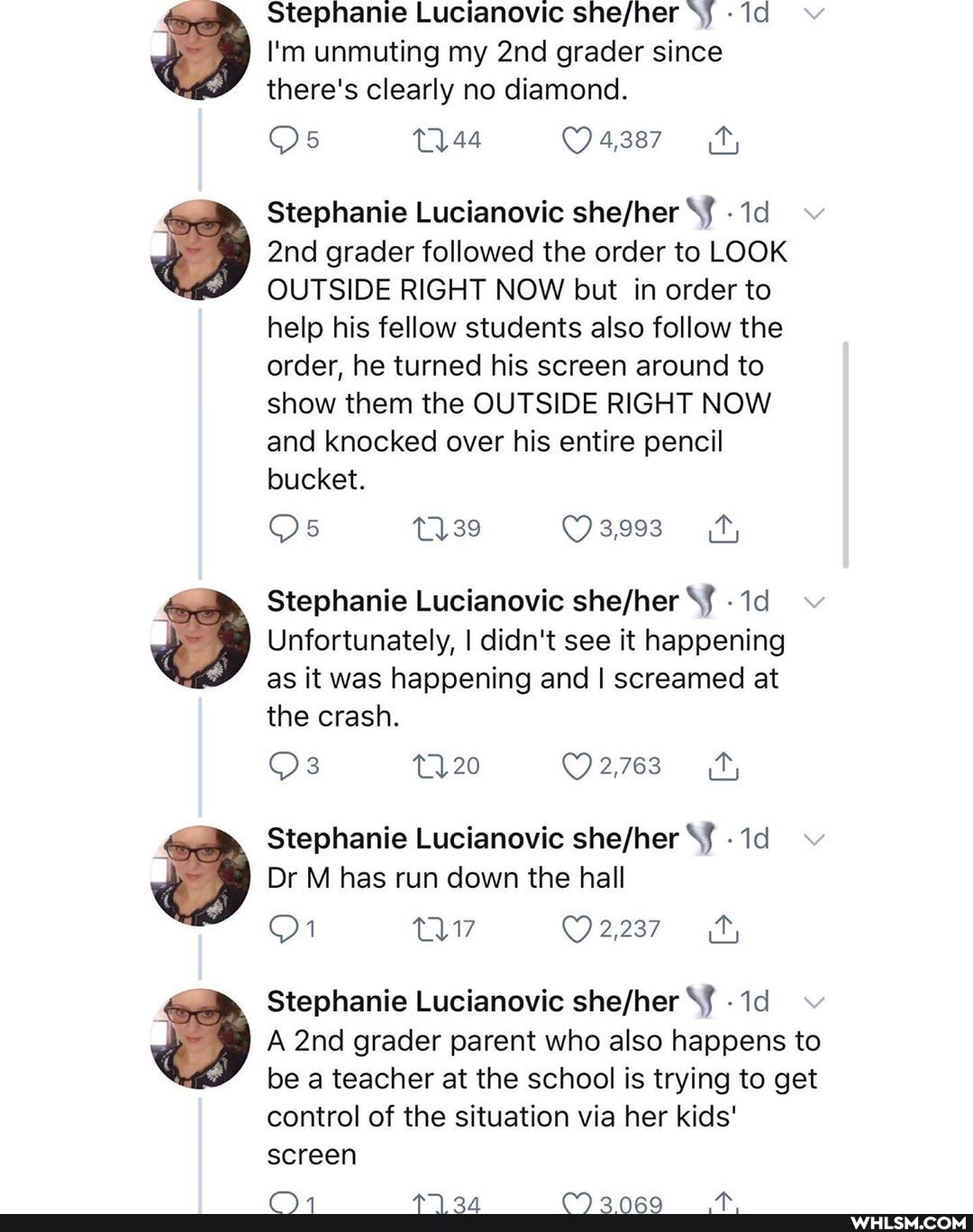 Stephanie Lucianovic 'Sj -
I'm unmuting my grader since there's clearly no diamond.
Os
Stephanie Lucianovic SJ - and grader followed the order to LOOK OUTSIDE RIGHT NOW but in order to help his fellow students also follow the order, he turned his screen around to show them the OUTSIDE RIGHT NOW and knocked over his entire pencil bucket.
Os
Stephanie Lucianovic shefherY -id
Unfortunately, I didn't see it happening as it was happening and I screamed at the crash.
Or} 20) O2763 ft,
Stephanie Lucianovic shefher
Dr M has run down the hall
Stephanie Lucianovic -
A nd grader parent who also happens to be a teacher at the school is trying to get control of the situation via her kids' screen