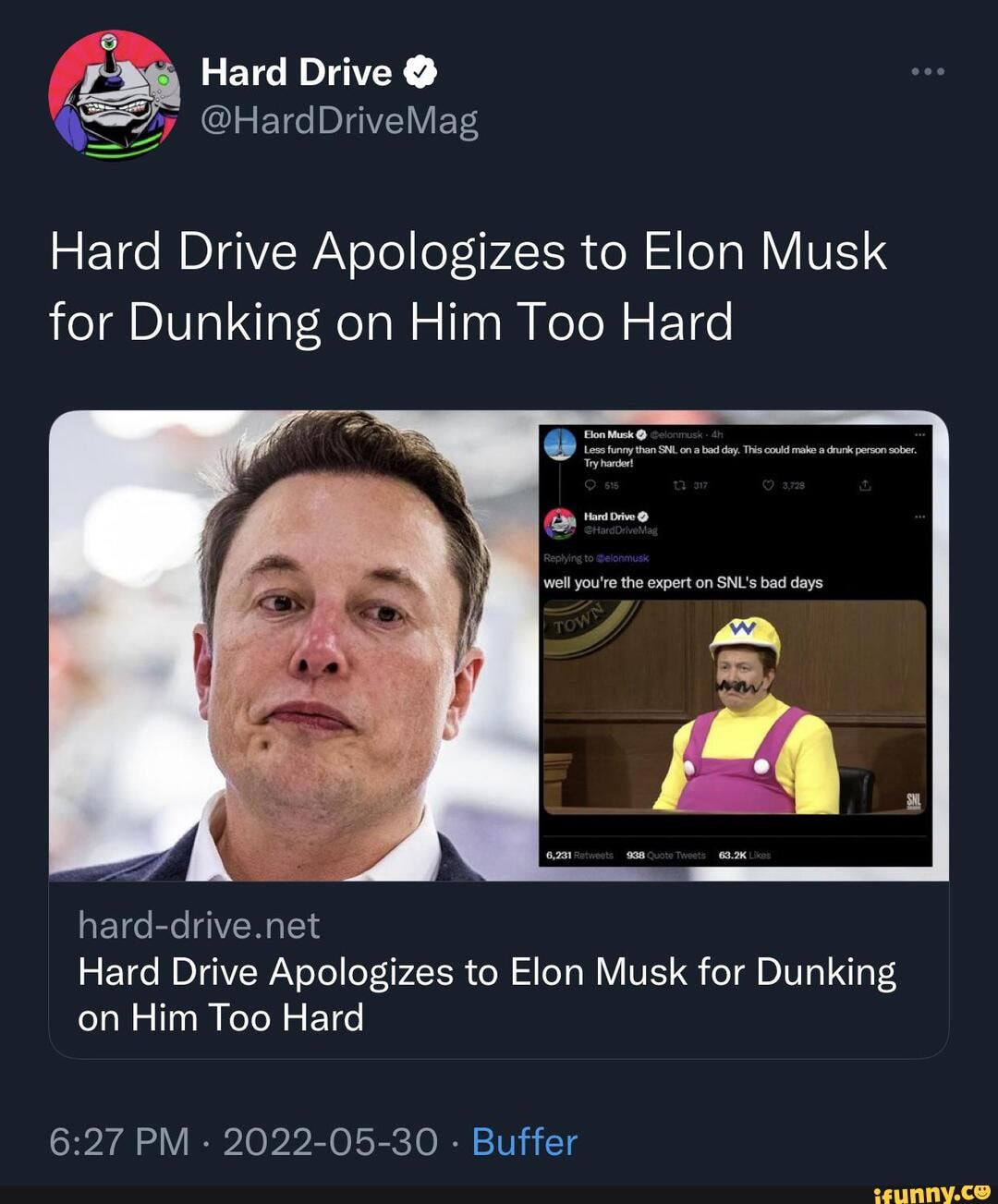 ( Hard Drive Hard Drive Apologizes to Elon Musk for Dunking on Him