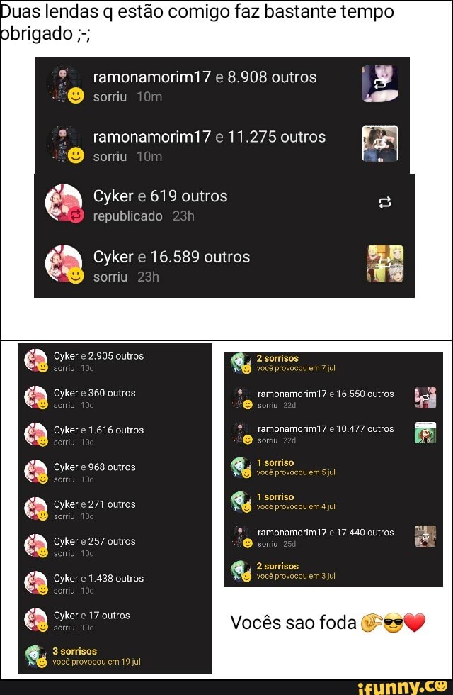 Duas lendas q estão comigo faz bastante tempo
ramonamorim17 e 11.275 outros
sorriu
Cyker e 16.589 outros
sorriu
Oyker e 17 outros Vocês sao foda (3