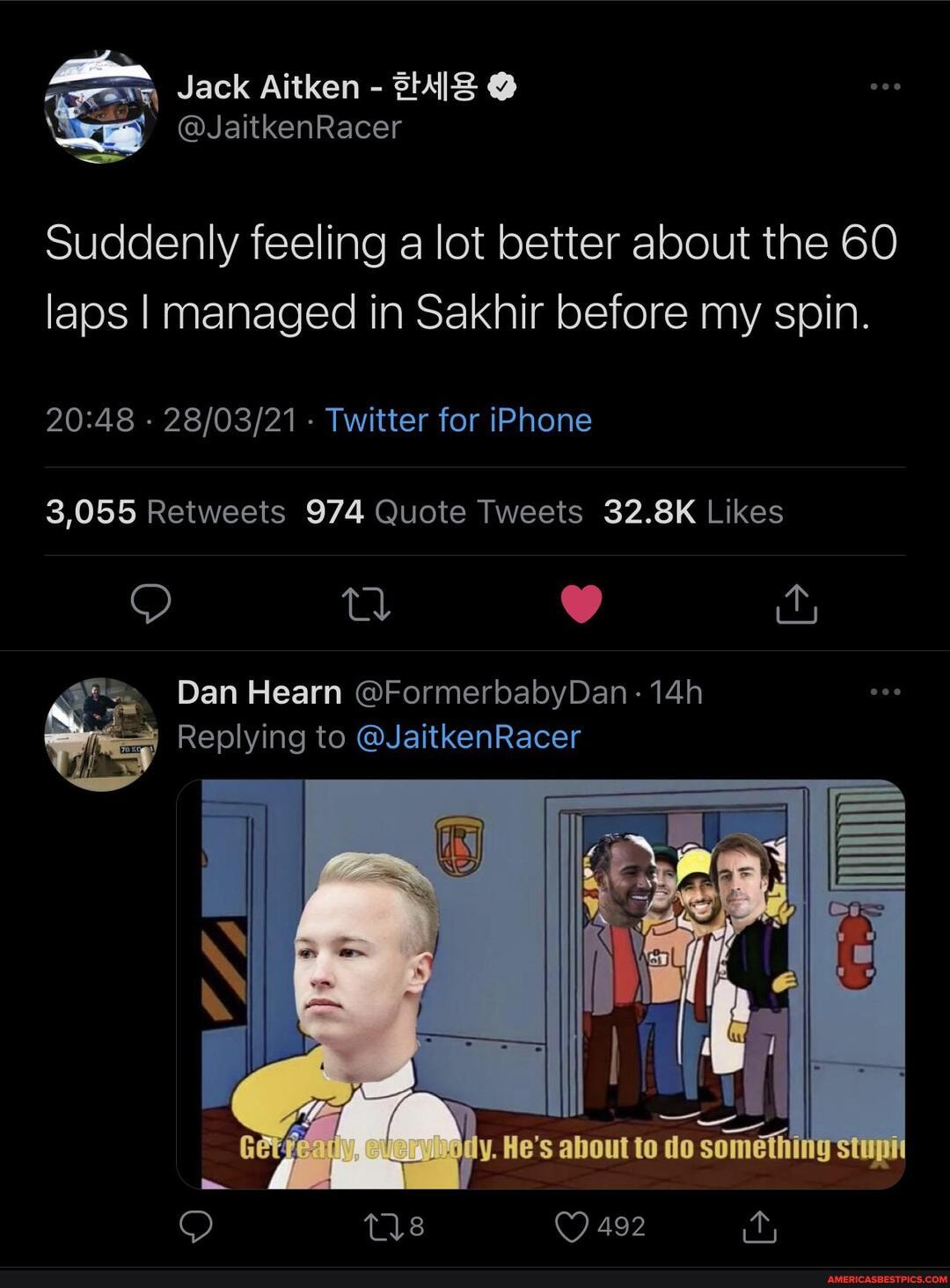 Jack Aitken - @
@JaitkenRacer
Suddenly feeling a lot better about the 60 laps I managed in Sakhir before my spin.
- - Twitter for iPhone
tl ar
Dan Hearn @FormerbabyDan
Replying to @JaitkenRacer
492