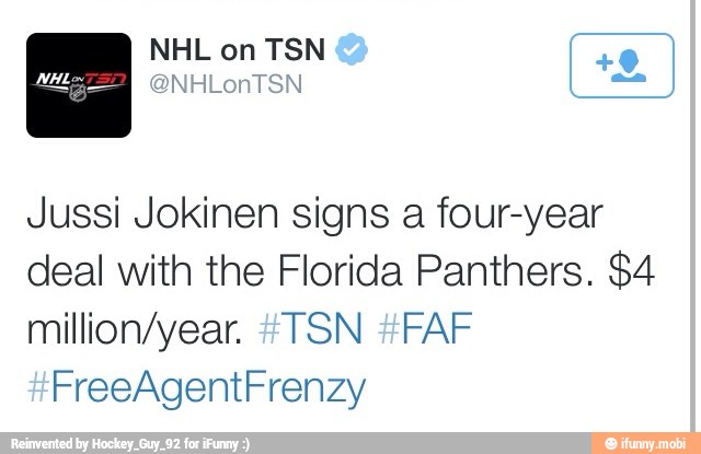 Jussi Jokinen signs a four-year
deal with the Florida Panthers. $4
million/year. #TSN #FAF