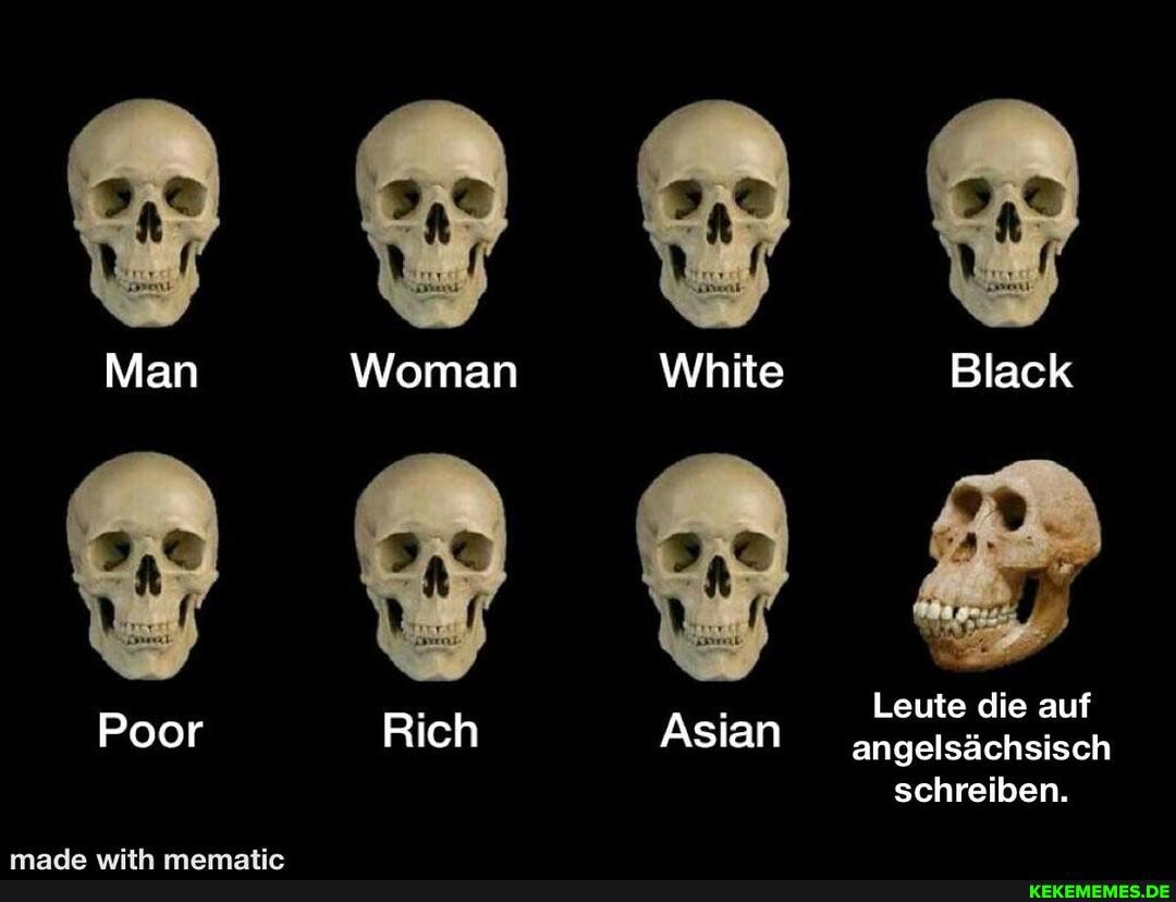 Man Woman White Black
Poor Rich Asian
Leute die auf angelsächsisch schreiben,