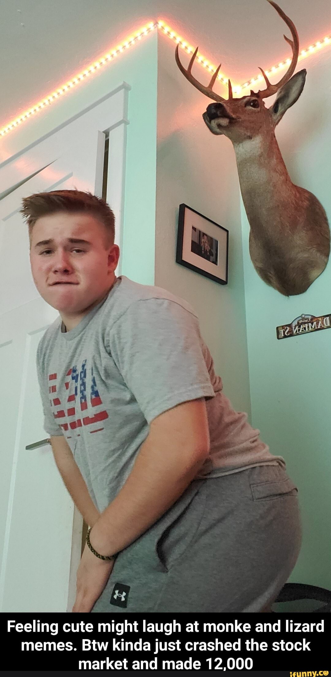 Feeling cute might laugh at monke and lizard memes. Btw kinda just crashed the stock market and made 12.000