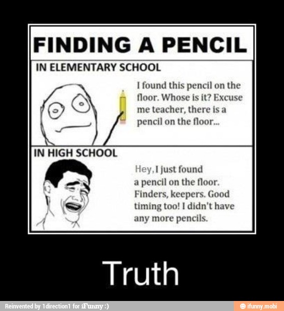 FINDING A PENCIL
IN ELEMENTARY SCHOOL
found this pencil on the
floor. Whose is it? Excuse
me teacher, there isa
pencil on
the floor
IN HIGH SCHOOL
ea I just found
la e
a
pencil on the floor
y Finders, keepers, Good
I timing too! I didn't have
any more pencils.
Truth