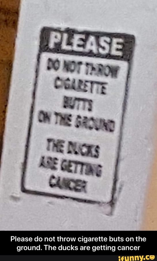 Please do not throw cigarette buts on the
ground. The ducks are getting cancer - Please do not throw cigarette buts on the ground. The ducks are getting cancer