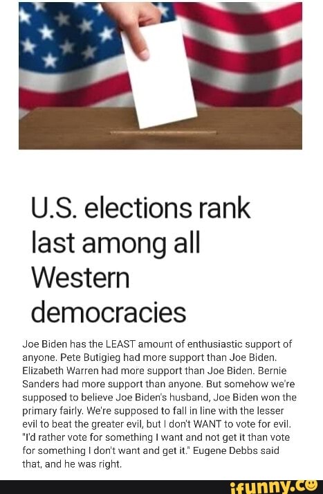 U.S. elections rank
last among all
Western
democracies
Joe Biden has the LEAST amount of enthusiastic support of
anyone, Pete Butigieg had more support than Joe Biden
Elizabeth Warren had more support than Joe Biden. Bernie
Sanders had more support than anyone. But somehow we're
supposed to believe Joe Biden's husband, Joe Biden won
the
primary fairly. We're supposed to fallin line with the lesser
evil to beat the greater evil, but I don't WANT to vote for evil.
"I'd rather vote for something I want and not get it than vote
for something I don't want and get it" Eugene Debbs said
that, and he was right.