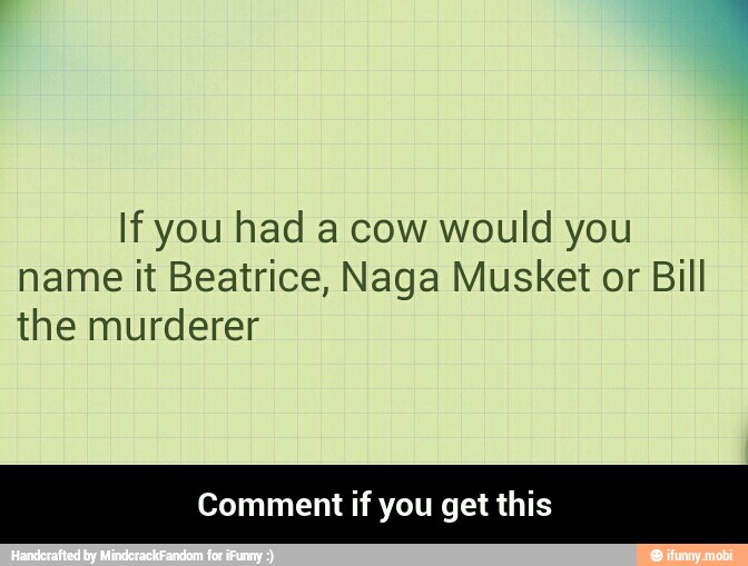 If you had a cow would you
name it Beatrice, Naga Musket or Bill
the murderer
Comment if you get this - Comment if you get this