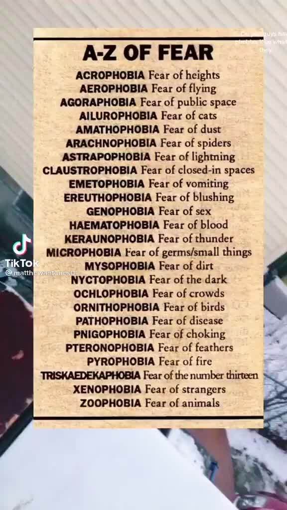 OF ACROPHOBIA Fear of heights AEROPHOBIA Fear of flying AGORAPHOBIA Fear of  public space AILUROPHOBIA Fear of cats AMATHOPHOBIA Fear of dust  ARACHNOPHOBIA Fear of spiders ASTRAPOPHOBIA Fear of lighting CLAUSTROPHOBIA  ...