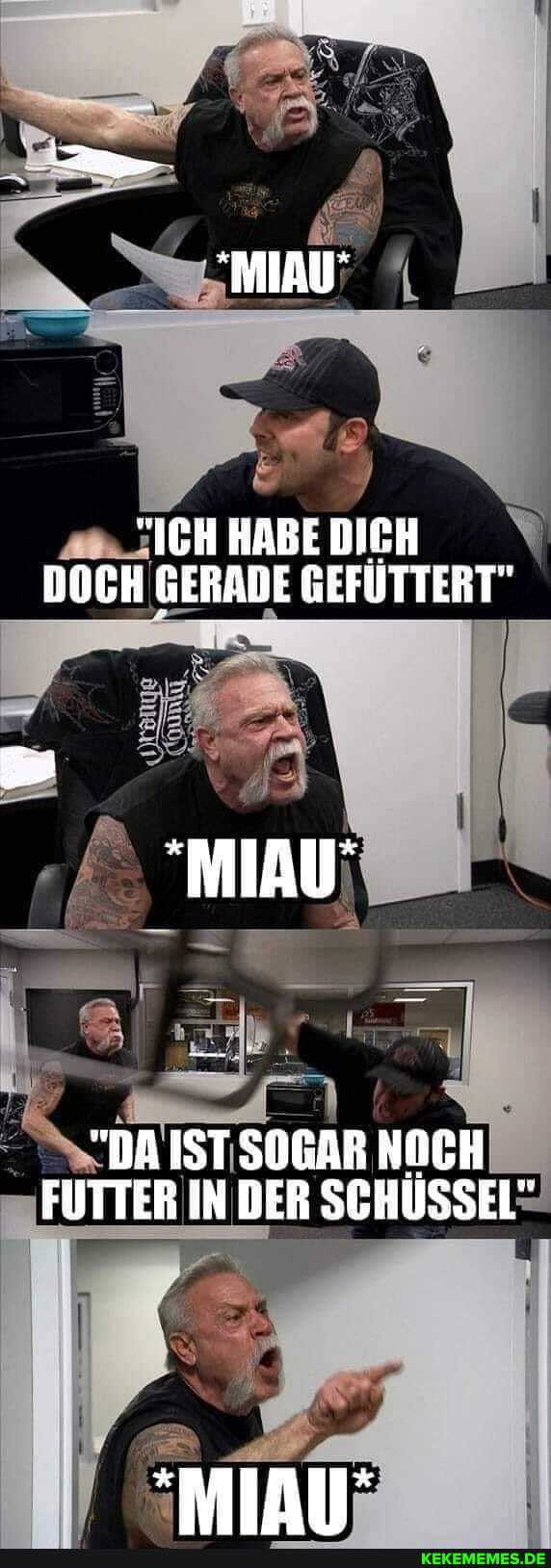 ;ICH HABE DICH DOCH GERADE GEFÜTTERT"
"MIAU
"DAIST SOGAR HOCH FOTTER IN DER SCHUSSEL"
"MIAIF