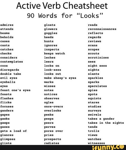 Active Verb Cheatsheet 90 Words for "Looks" admires gloats reads