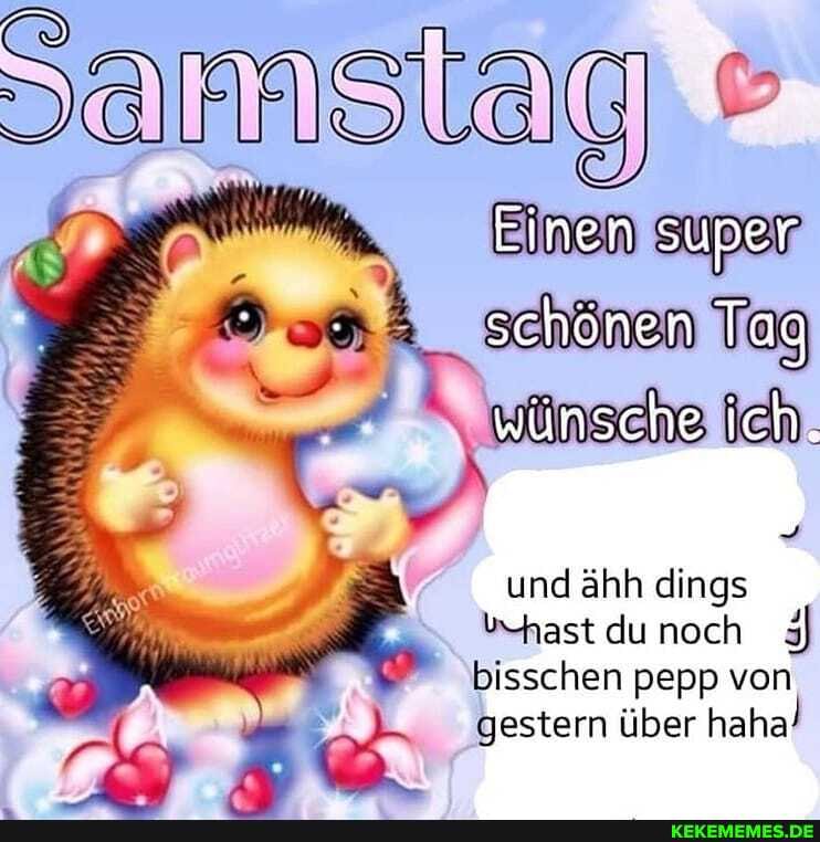 Samstag)
Einen super schönen Tag
wünsche ich.
und ähh dings du noch
bisschen pepp von
gestern über hahaI