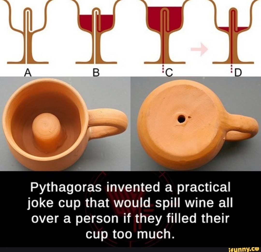 Pythagoras invented a practical joke cup that would spill wine all over ...