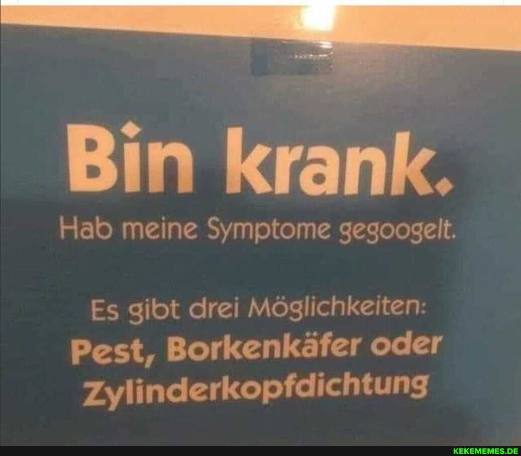 Bin k
In Krank.
Hab meine Symptome gegoogelt.
Es gibt drei Möglichkeiten:
Pest, Borkenkäfer oder
Zylinderkopfdichtung