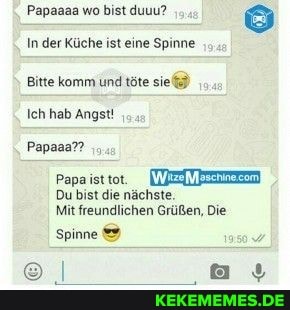 Papaaaa wo bist duuu?
In der Küche ist eine Spinne
Bitte komm undtöte sie@)
Ich hab Angstl
Papaaa??
Papaisttor,
Du bist die nächste.
Mit freundlichen Grüßen, Die
Spinne