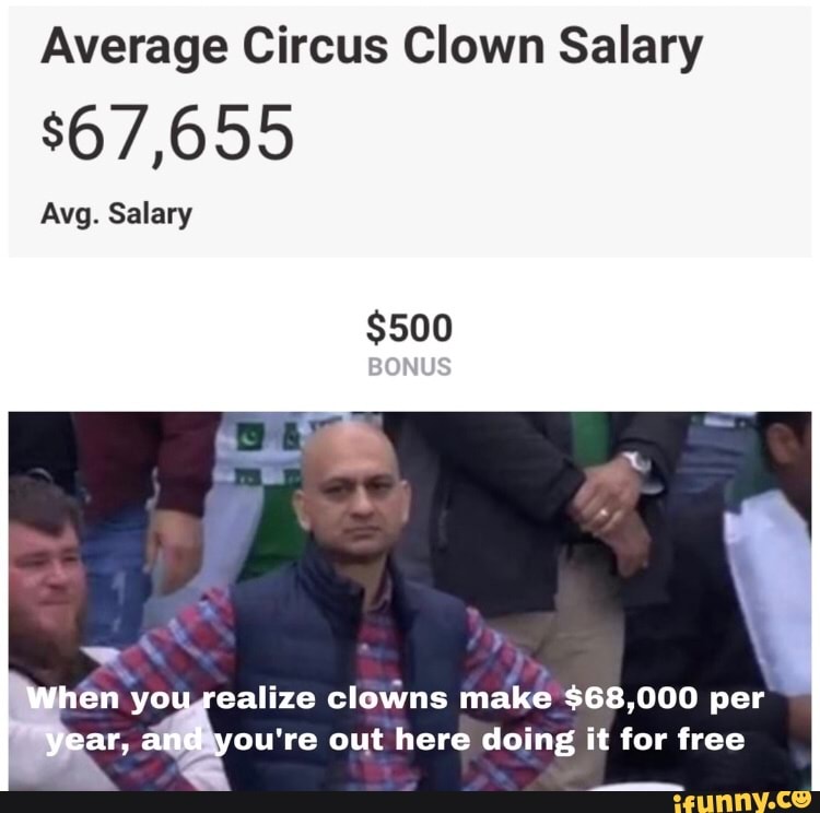 Average Circus Clown Salary
$67,655
Avg. Salary
ealize clowns make $68,000
you're out here doing it for free