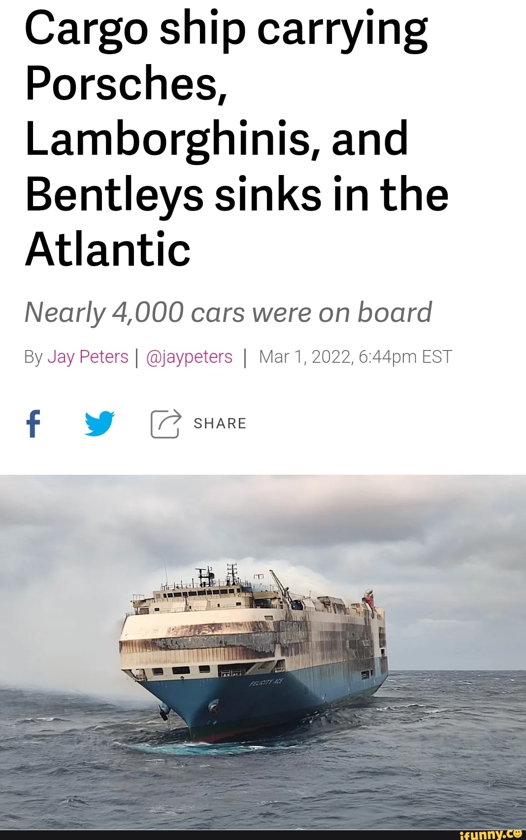 Cargo ship carrying Porsches, and Bentleys sinks in the