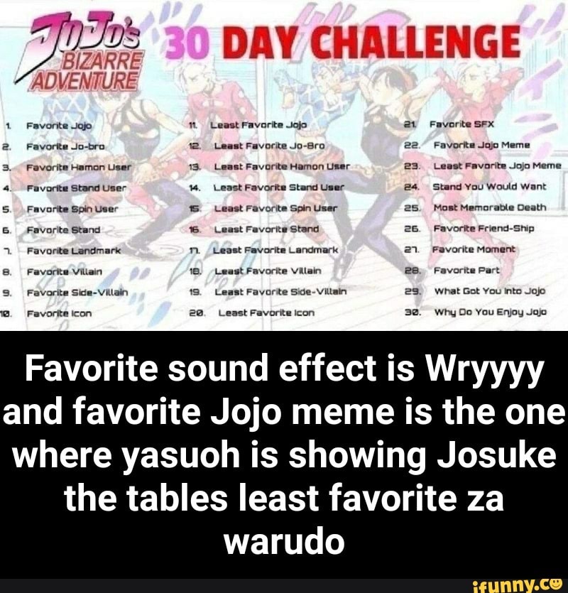 355 Day Challenge Biza Rre Adventure Favorite Sound Effect Is Wryyyy And Favorite Jojo Meme Is The One Where Yasuoh Is Showing Josuke The Tables Least Favorite Za Warudo Favorite Sound