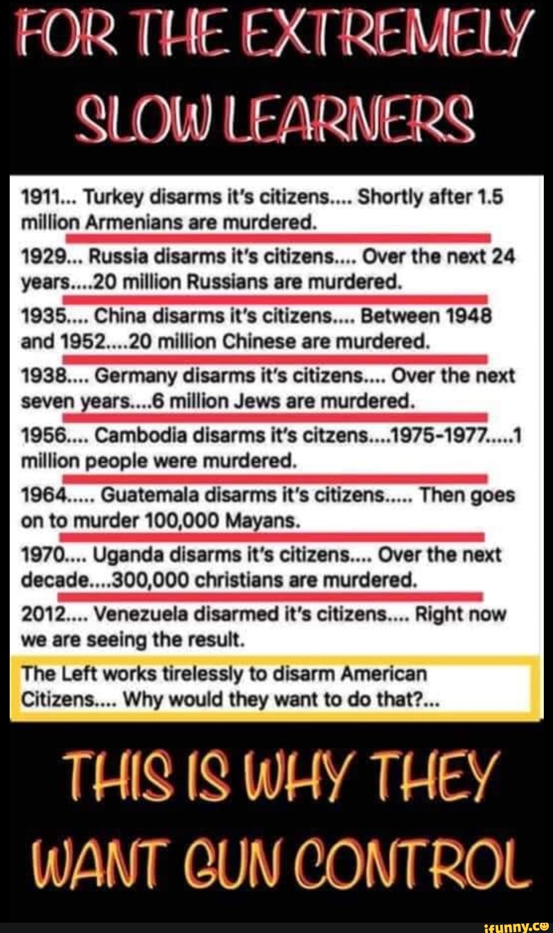 1911... Turkey disarms it's citizens.... Shortly after 1.5
million Armenians are murdered.
1929... Russia disarm: it's citizens... Over tho next 24
years....ZO million Russians are murdered.
1935.... China disarms it's citizens.... Between 1948
and 1952....20 million Chinese are murdered.
1938.... Germany disarms it’s citizens... Over the next
seven years....6 million Jews are murdered.
1956.... Cambodia disarms it’s citzens....1975-1977
.....
1
million people were murdered.
1964
.....
Guatemala disarms it's citizens
.....
Then goes
on to murder 100,000 Mayans.
1970.... Uganda disarms it's citizens... Over the next
decade....300,000 Christians are murdered.
2012.... Venezuela disarmed it‘s citizens.... Right now
we are seeing the result.
The Left works tirelessly to disarm American
Citizens»... Why would they want to do that?...
WANT GUN CONTROL