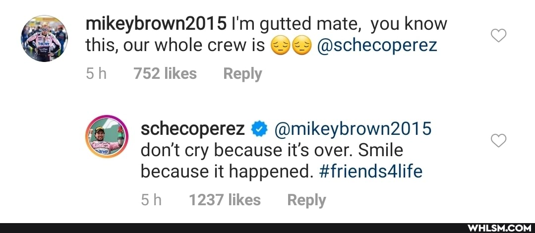 mikeybrown2015 I'm gutted mate, you know this, our whole crew is @schecoperez
Sh 752likes Reply
schecoperez @ @mikeybrown2015 don't cry because it's over. Smile because it happened. #friends4life
Sh 1237 likes Reply