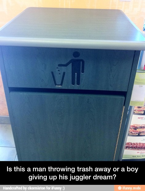 Is this a man throwing trash away or a boy
giving up his juggler dream? - Is this a man throwing trash away or a boy giving up his juggler dream?
