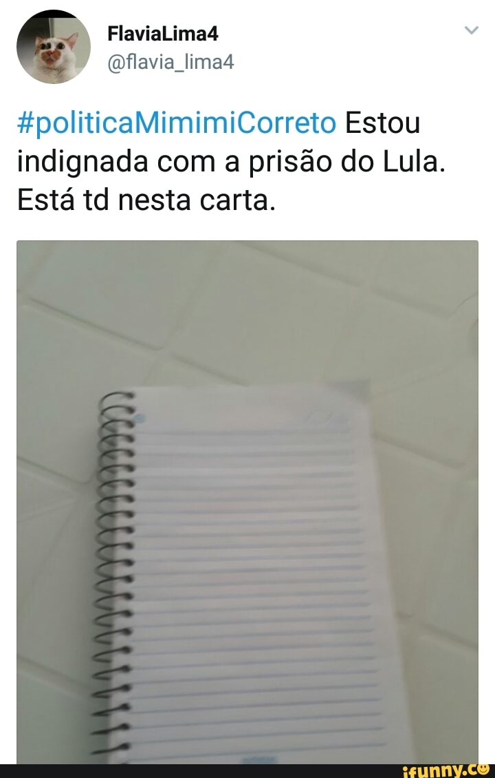 #politicaMimimiCorreto Estou
indignada com a prisao do Lula.
Esta td nesta carta.
