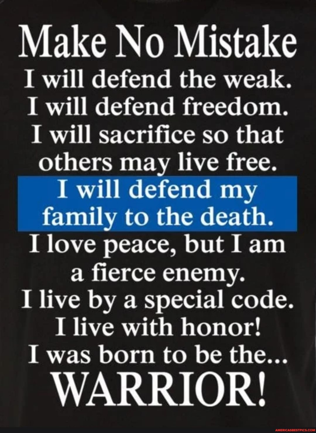 Make No Mistake
I will defend the weak.
I will defend freedom.
I will sacrifice so that others may live free.
I will defend my family to the death.
I love peace, but I am a fierce enemy.
I live by a special code.
I live with honor!
I was born to be the...
WARRIOR!