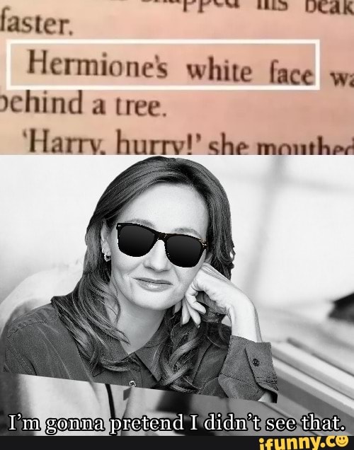 FrreysM 855 UCAaR
faster.
Hermione's white face wi
chind a tree.
'Harry. hurrv!' she mouthes
pretend didn't see that.