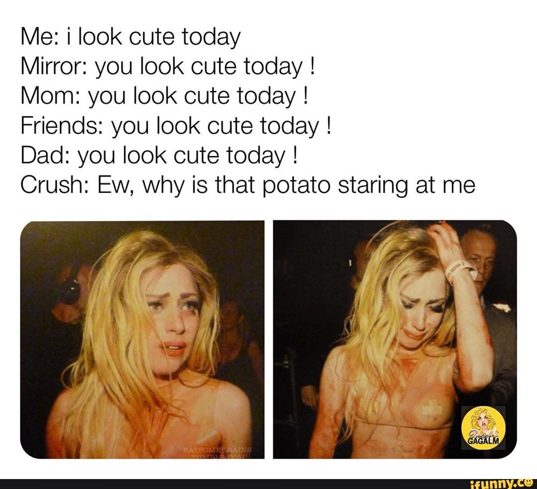 Me: i look cute today
Mirror: you look cute today Mom: you look cute today Friends: you look cute today Dad: you look cute today Crush: Ew, why is that potato staring at me