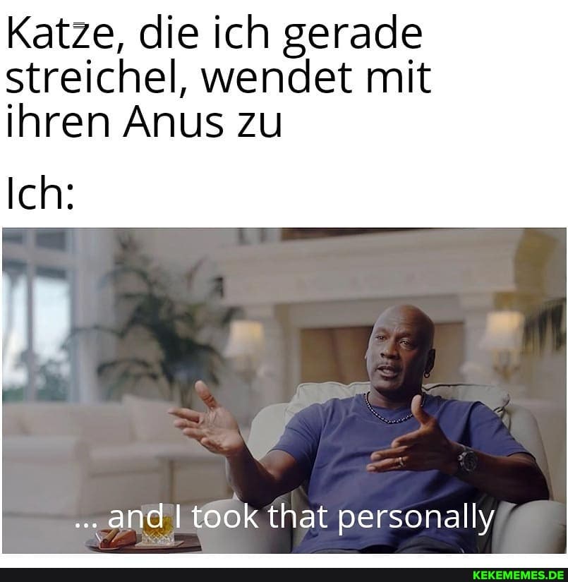 Katze, die ich gerade streichel, wendet mit ihren Anus zu
Ich:
and took at personally,