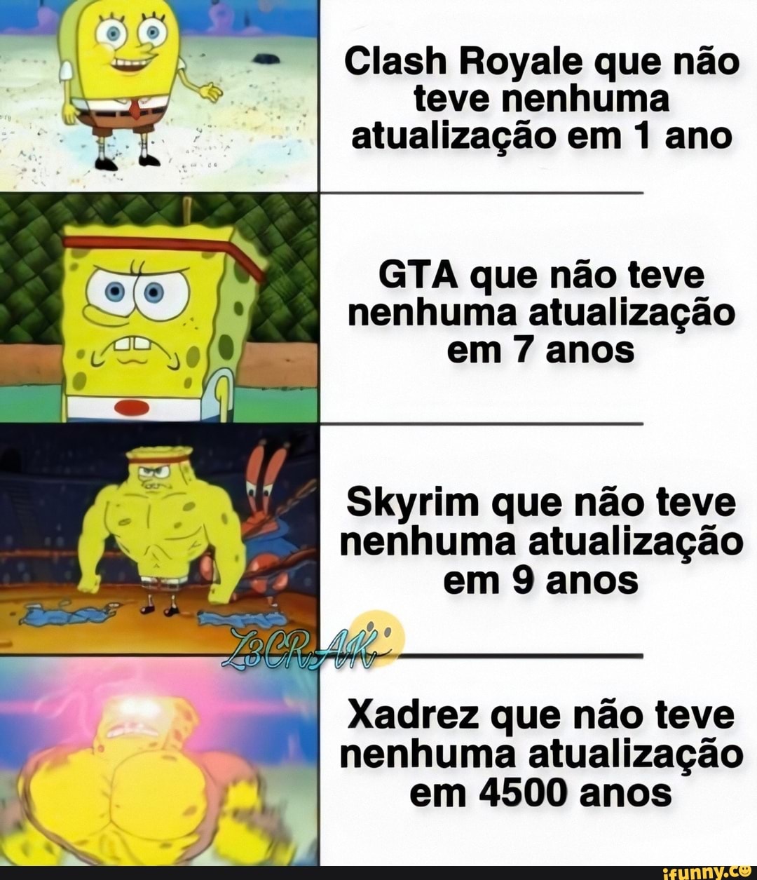 Clash Royale que não
teve nenhuma
atualização em 1 ano
GTA que não teve
nenhuma atualização
E em 7 anos
Skyrim que não teve
nenhuma atualização
em 9 anos
Xadrez que não teve
nenhuma atualização
em 4500 anos