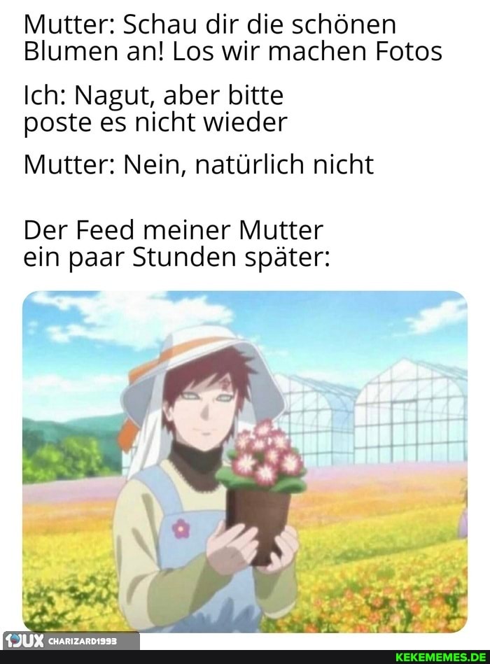 Mutter: Schau dir die schönen
Blumen an! Los wir machen Fotos
Ich: Nagut, aber bitte poste es nicht wieder
Mutter: Nein, natürlich nicht
Der Feed meiner Mutter ein paar Stunden später: