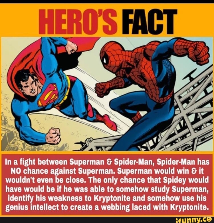 HERO'S FACT In a fight between Superman & Man Spider Man has NO chance  against Superman.