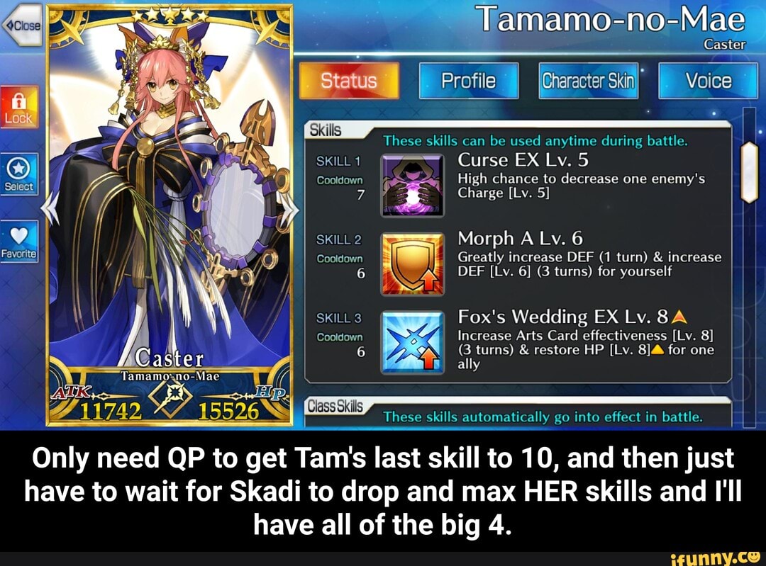 These skills automatically go into effect in battle.
Only need QP to
get Tam's last skill to 10, and then just
have to wait for Skadi to drop and max HER skills and I'll
have all of the big 4. - Only need QP to get Tam's last skill to 10, and then just have to wait for Skadi to drop and max HER skills and I'll have all of the big 4.