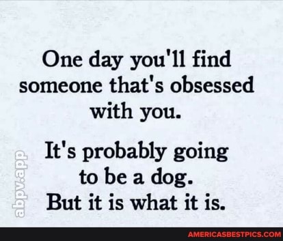 One day you'll find someone that's obsessed with you.
abpy app
It's probably going to be a dog.
But it is what it is.