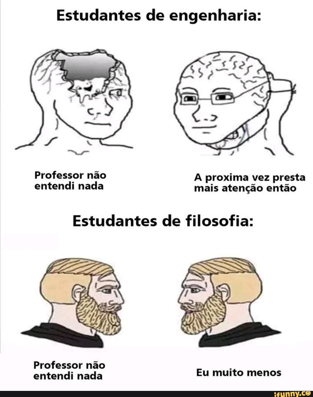 Estudantes de engenharia:
Professor não A proxima vez presta entendi nada mais atenção então
Estudantes de filosofia:
Professor não entendi nada Eu muito menos