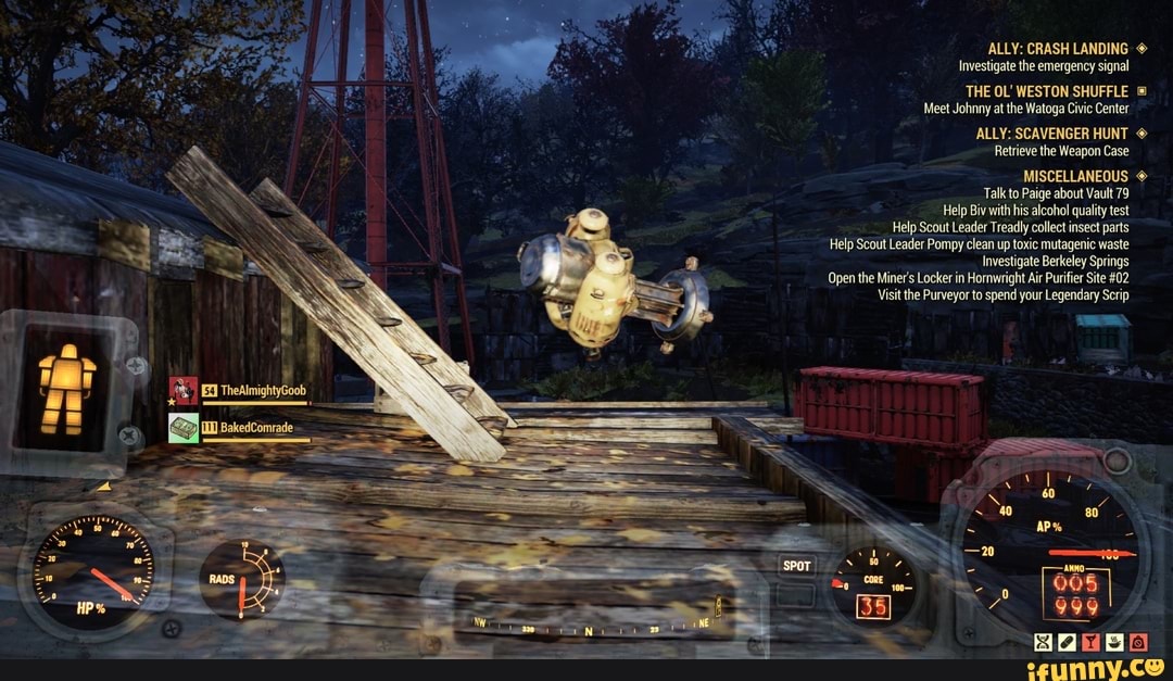 Help Treadly parts
Help Scout Leader Pompy clean up toxic mutagenio waste
Investigate Berkeley Springs
Open the Miner's Locker in Homwright Ai Puriir Site 02
Visit the Purveyo to spend your Legendary Scrip
amem