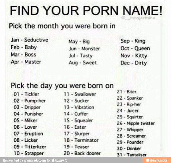 FIND YOUR PORN NAME! Pick the month you were born in Jan Seductive May ...