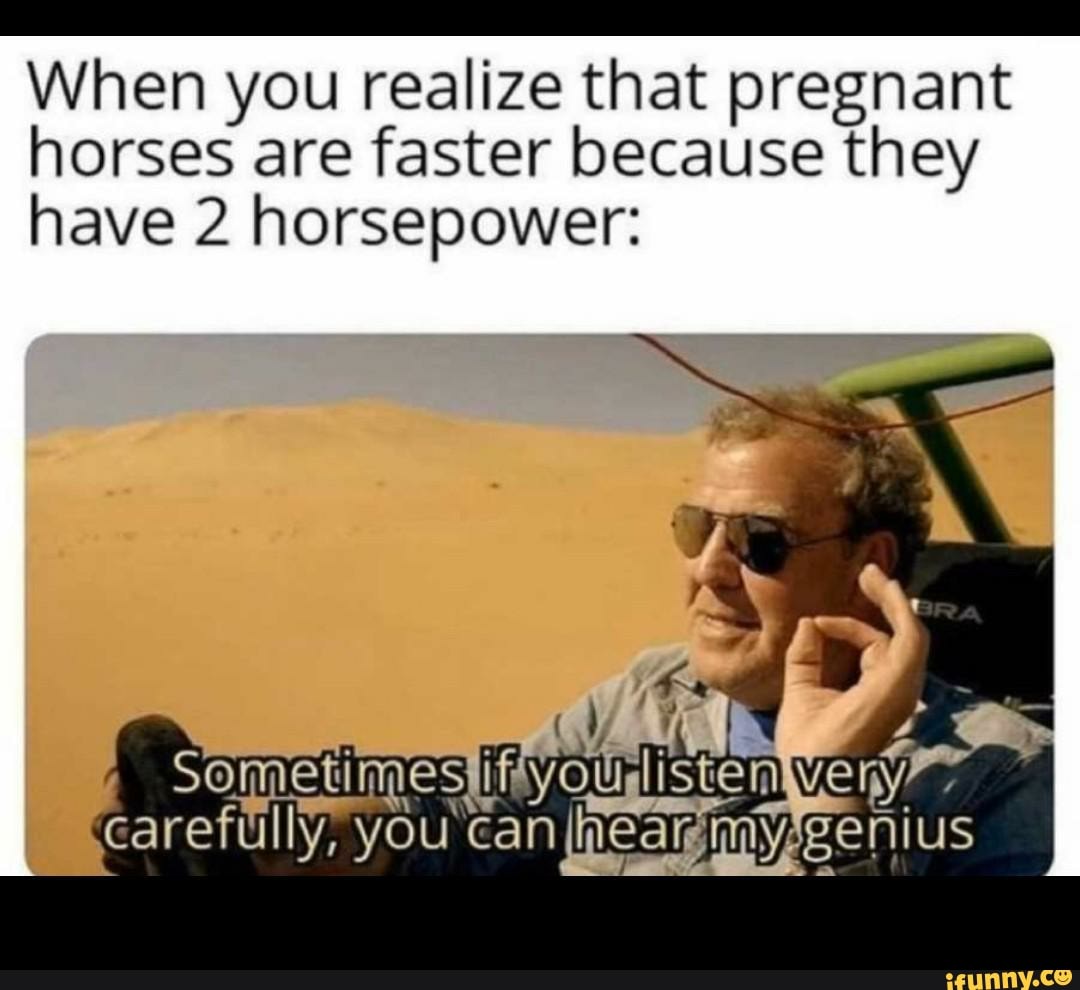 es
When you realize that pregnant
horses are faster because they
have 2 horsepower: